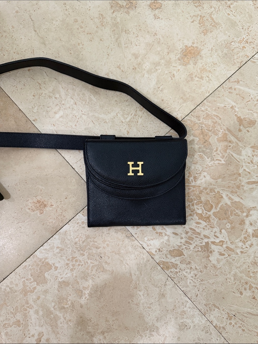 Black Leather H Belt Bag